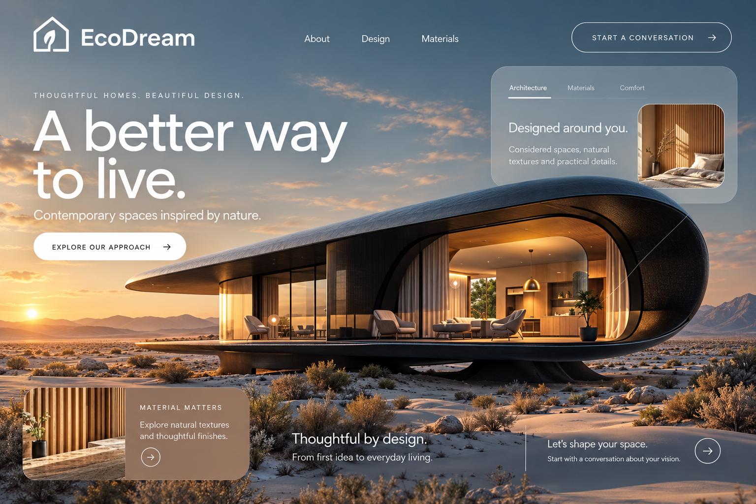 EcoDream sustainable living website concept with a curved modern home